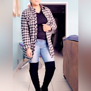 Long sleeve checker pattern shirt.